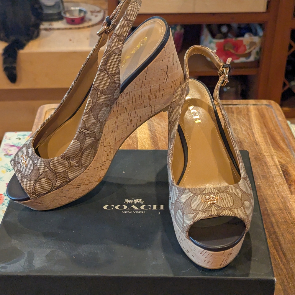 Coach Brown Wedge Shoes with Signature Design